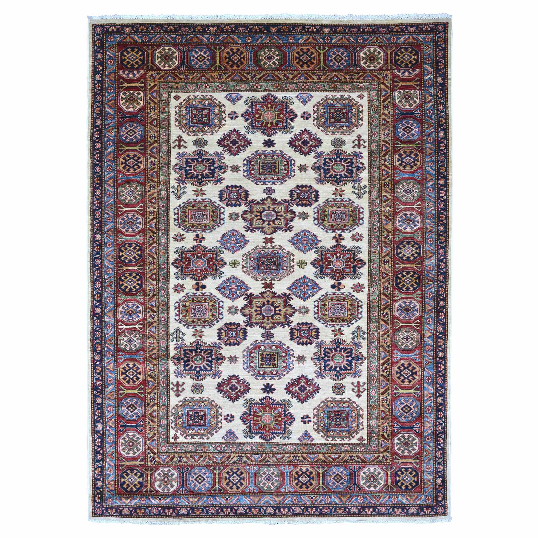 Chiffon White, Afghan Super Kazak with Tribal Medallions Design, Hand Knotted, Soft and Shiny Wool, Vegetable Dyes, Oriental Rug